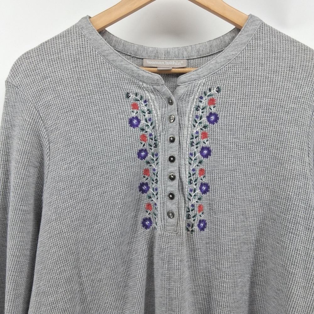 Woman Within Gray Floral Embroidered Thermal Knit Henley Tee Plus Sz 2X Cozy - Picture 2 of 11